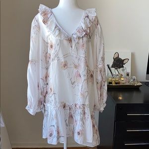 H&M White Floral Long Sleeve Shift Dress with Ruffles